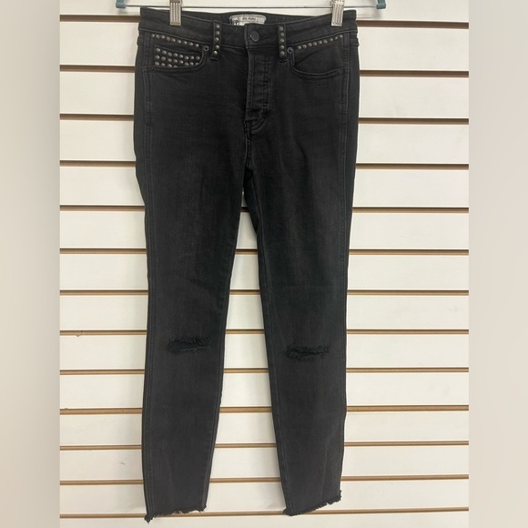 Free‎ People Button Fly Studded Distressed Raw/Frayed Hem Black Jeans - Size 25 - Picture 1 of 9